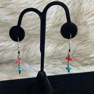 Native American sterling, turquoise, coral, turtle earrings